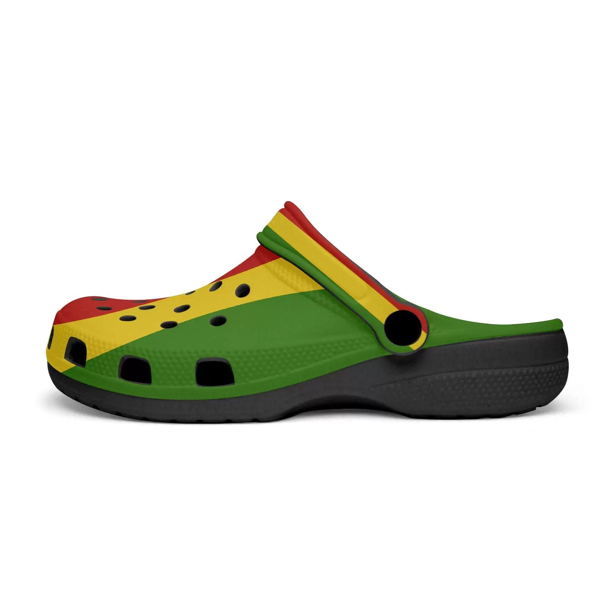 Rasta Clogs in Jamaican Rastafarian colors and with black sole right side view. Great for casual wear as a sandal or flip flop to protect your feet.