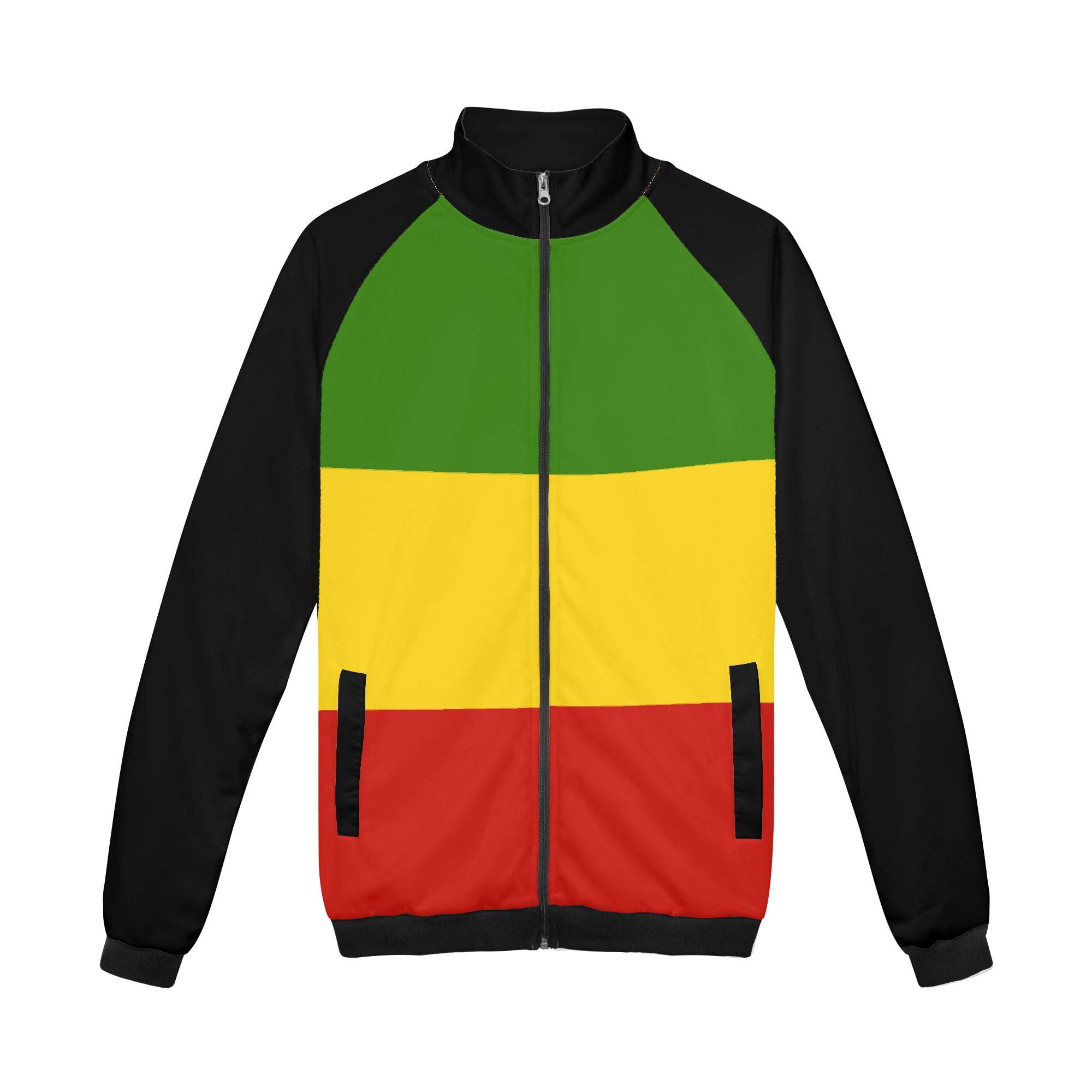 Rasta Jacket with stand up collar front view. The hoodie with no hood. Cool style in red gold and green with zip up front and roomy front pockets.