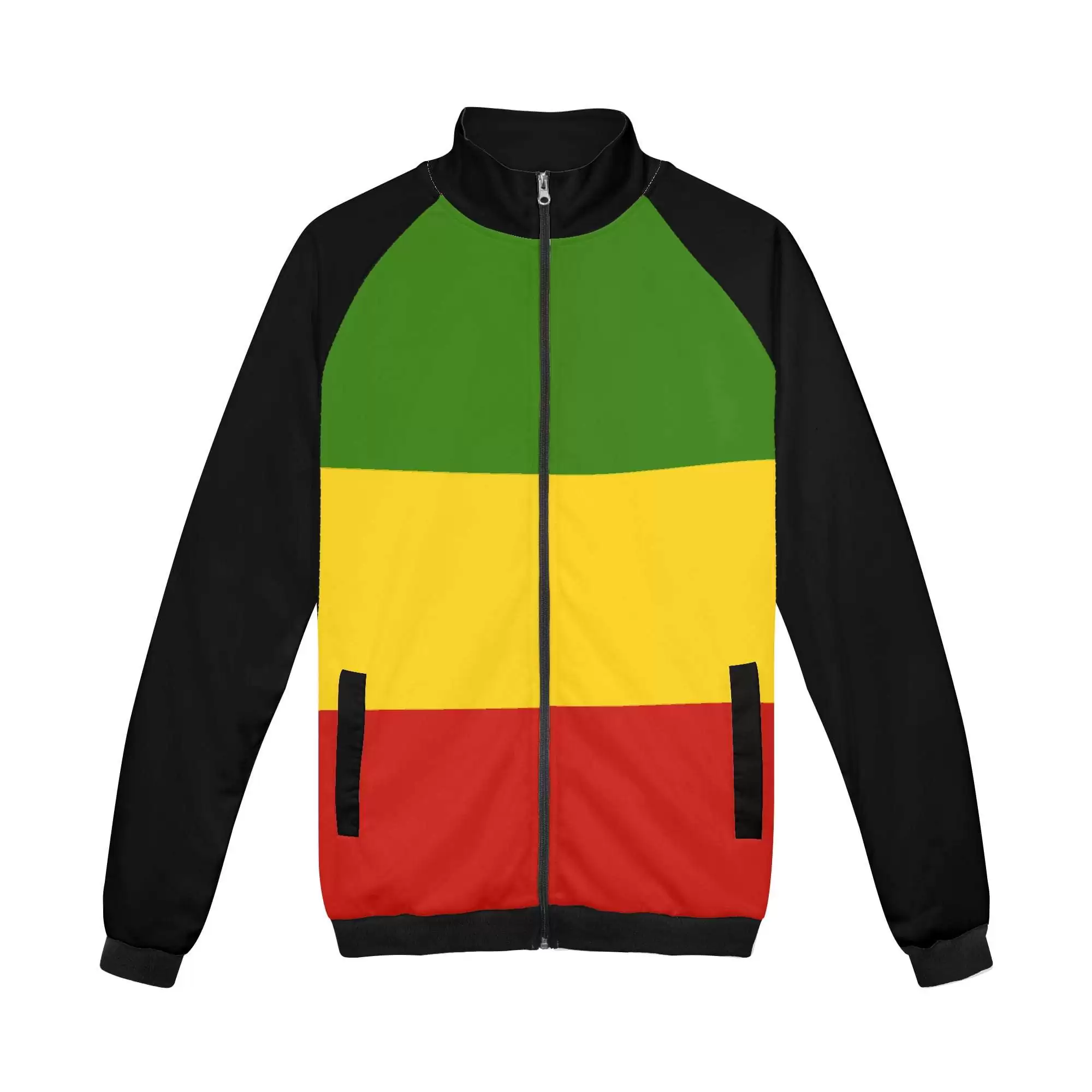 Rasta Jacket with stand up collar front view. The hoodie with no hood. Cool style in red gold and green with zip up front and roomy front pockets.