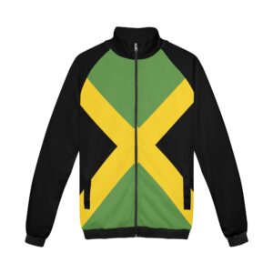 Jamaica hoodie with stand up collar and no hood front view. The hoodie without a hood. Zip up front with deep front pockets. Jamaican flag design in green gold and black.