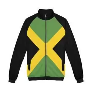 Jamaica hoodie with stand up collar and no hood front view. The hoodie without a hood. Zip up front with deep front pockets. Jamaican flag design in green gold and black.