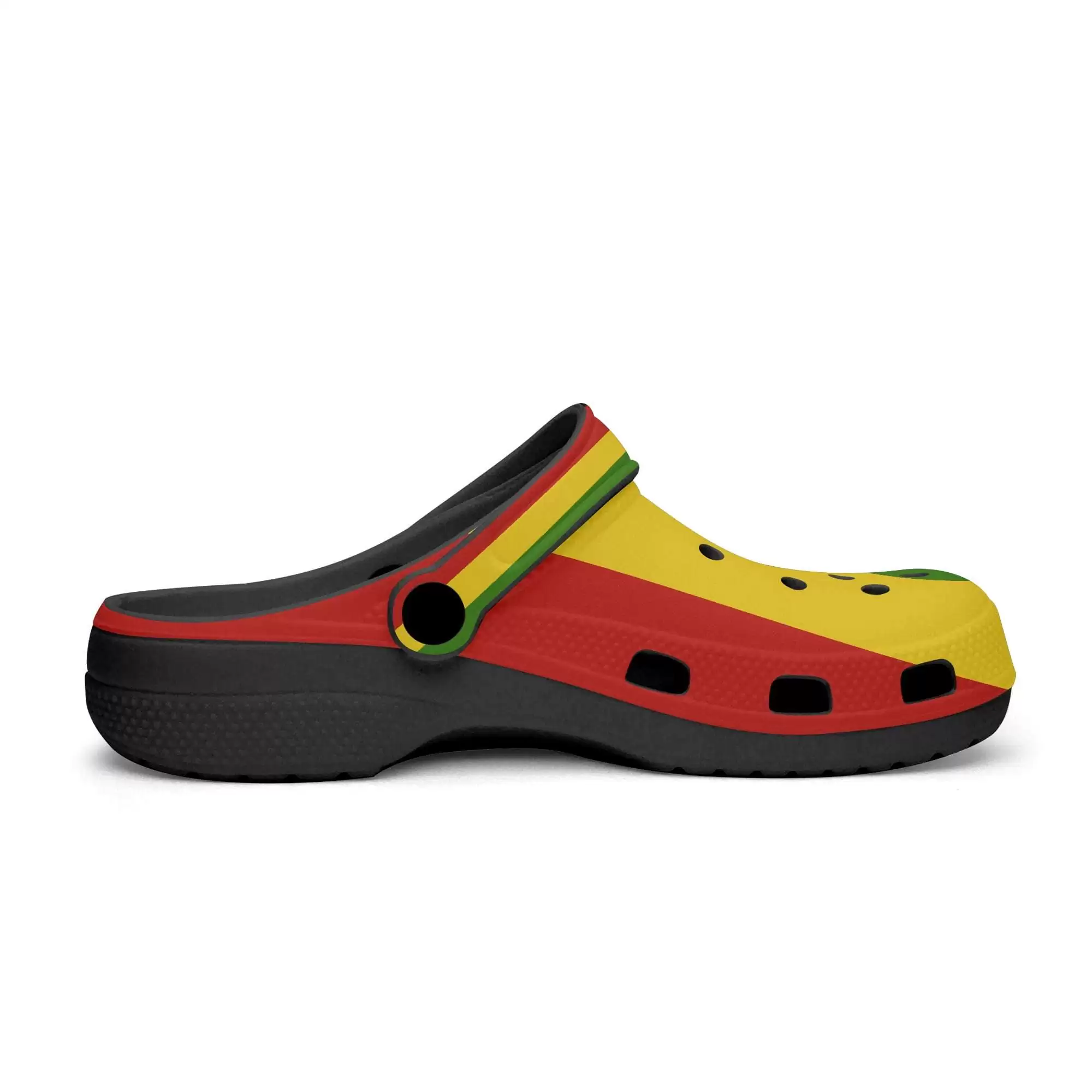 Rasta Clogs in Jamaican Rastafarian colors and with black sole left side view. Great for casual wear as a sandal or flip flop to protect your feet.
