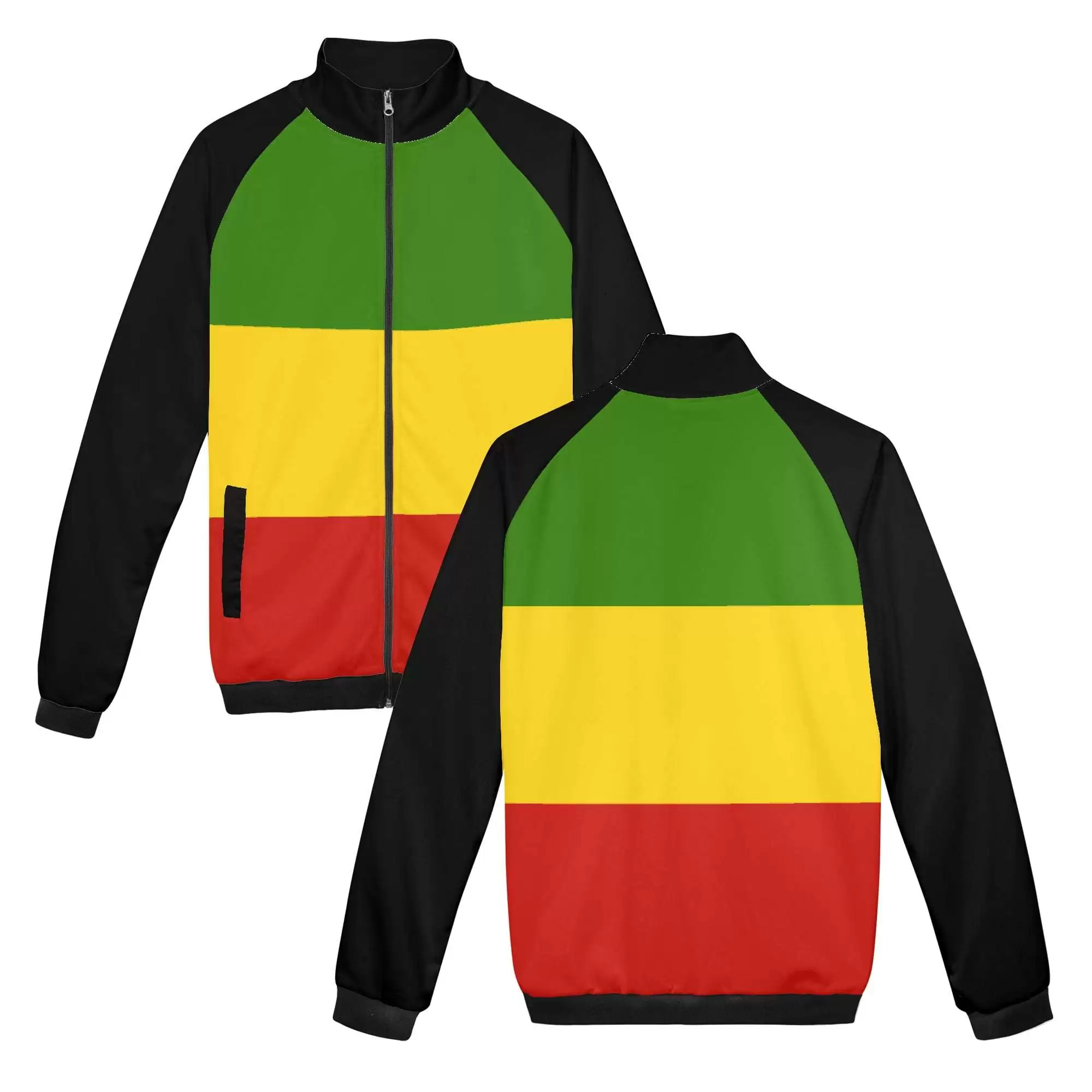 Rasta Jacket with stand up collar. front and back view The hoodie with no hood. Cool style in red gold and green with zip up front and roomy front pockets.