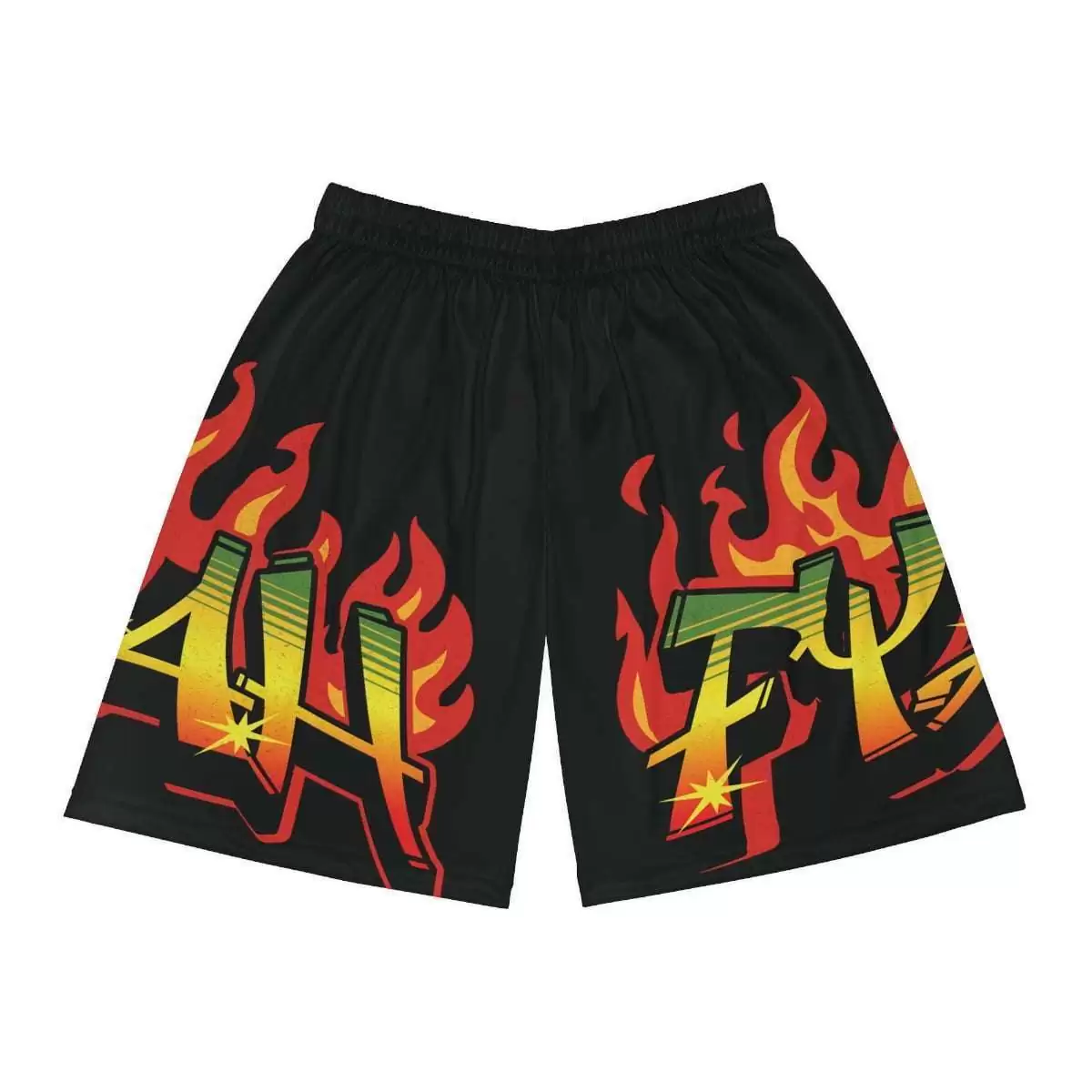 Fyah Basketball shorts front view in the Rastafarian colors and graffiti design. Rasta Seed Reggae Jamaican merchandise and clothing.