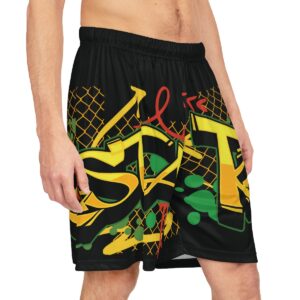 Dope Basketball Sorts Rasta Graffiti design right side model view black with red gold and green colors and graphics. Rastaseed Ball is LIfe design.