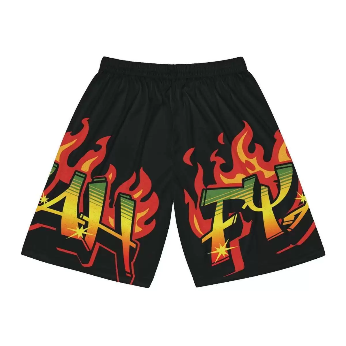 Fyah Basketball shorts back view in the Rastafarian colors and graffiti design. Rasta Seed Reggae Jamaican merchandise and clothing.