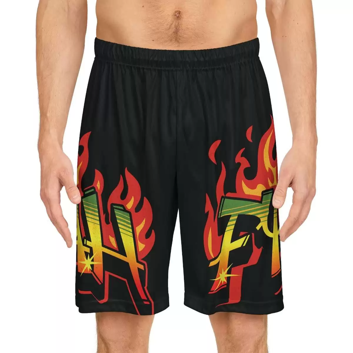 Fyah Basketball shorts front model view in the Rastafarian colors and graffiti design. Rasta Seed Reggae Jamaican merchandise and clothing.