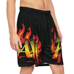 Fyah Basketball shorts front right model view in the Rastafarian colors and graffiti design. Rasta Seed Reggae Jamaican merchandise and clothing.