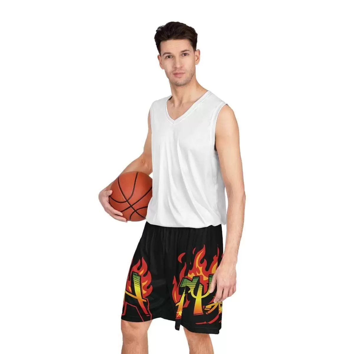 Fyah Basketball shorts full front model view in the Rastafarian colors and graffiti design. Rasta Seed Reggae Jamaican merchandise and clothing.