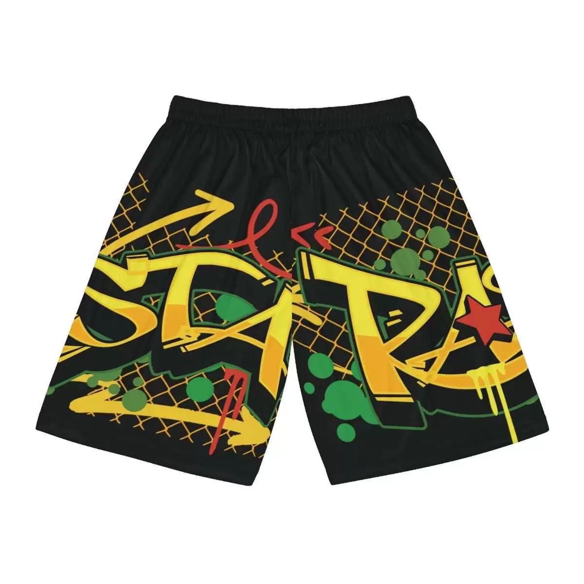 Dope Basketball Sorts Rasta Graffiti design back view black with red gold and green colors and graphics. Rastaseed Ball is LIfe design.