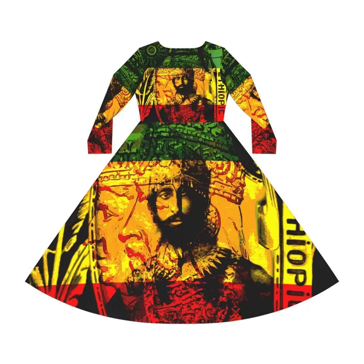 Natural Mystic Selassie Dress red gold and green dress with His Imperial Majesty Haile Selassie King of Kings Lord of Lords back full view