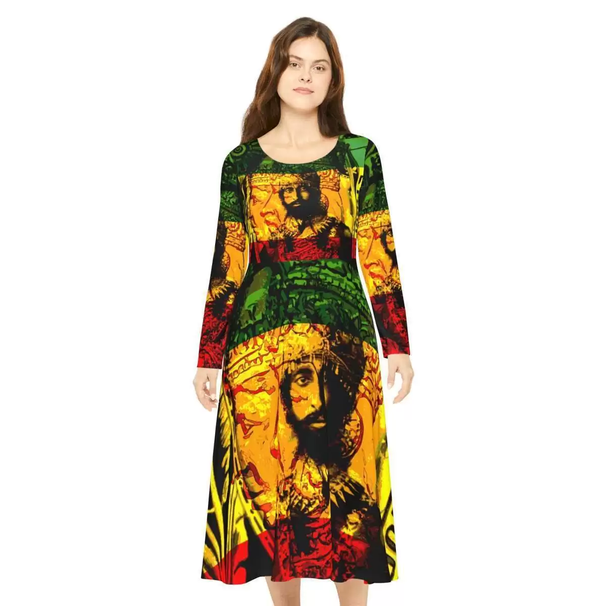 Natural Mystic Selassie Dress red gold and green dress with His Imperial Majesty Haile Selassie King of Kings Lord of Lords model front full view