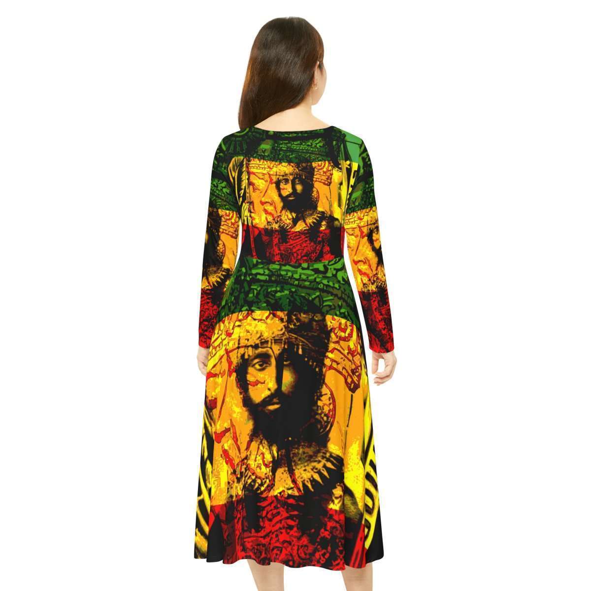 Natural Mystic Selassie Dress red gold and green dress with His Imperial Majesty Haile Selassie King of Kings Lord of Lords model back full view