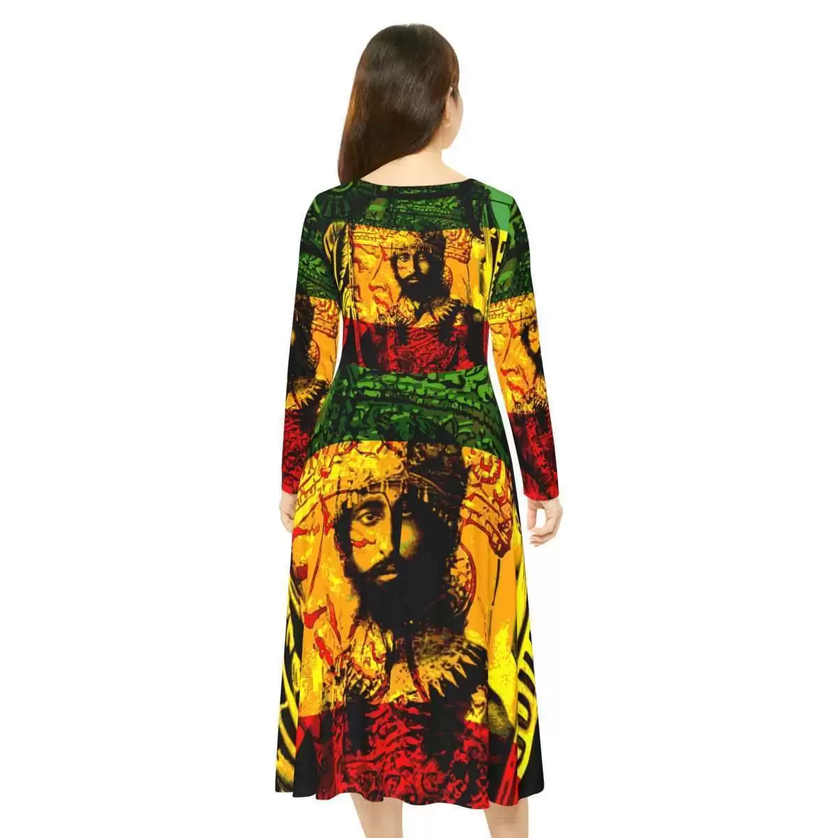 Natural Mystic Selassie Dress red gold and green dress with His Imperial Majesty Haile Selassie King of Kings Lord of Lords model back full view