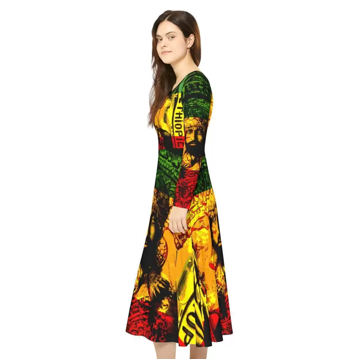 Natural Mystic Selassie Dress red gold and green dress with His Imperial Majesty Haile Selassie King of Kings Lord of Lords model left side view