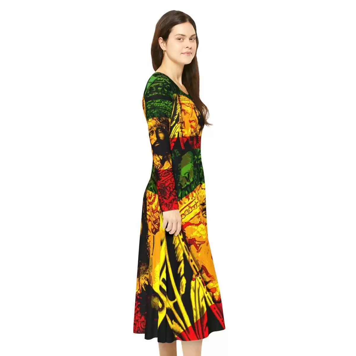 Natural Mystic Selassie Dress red gold and green dress with His Imperial Majesty Haile Selassie King of Kings Lord of Lords model right side view