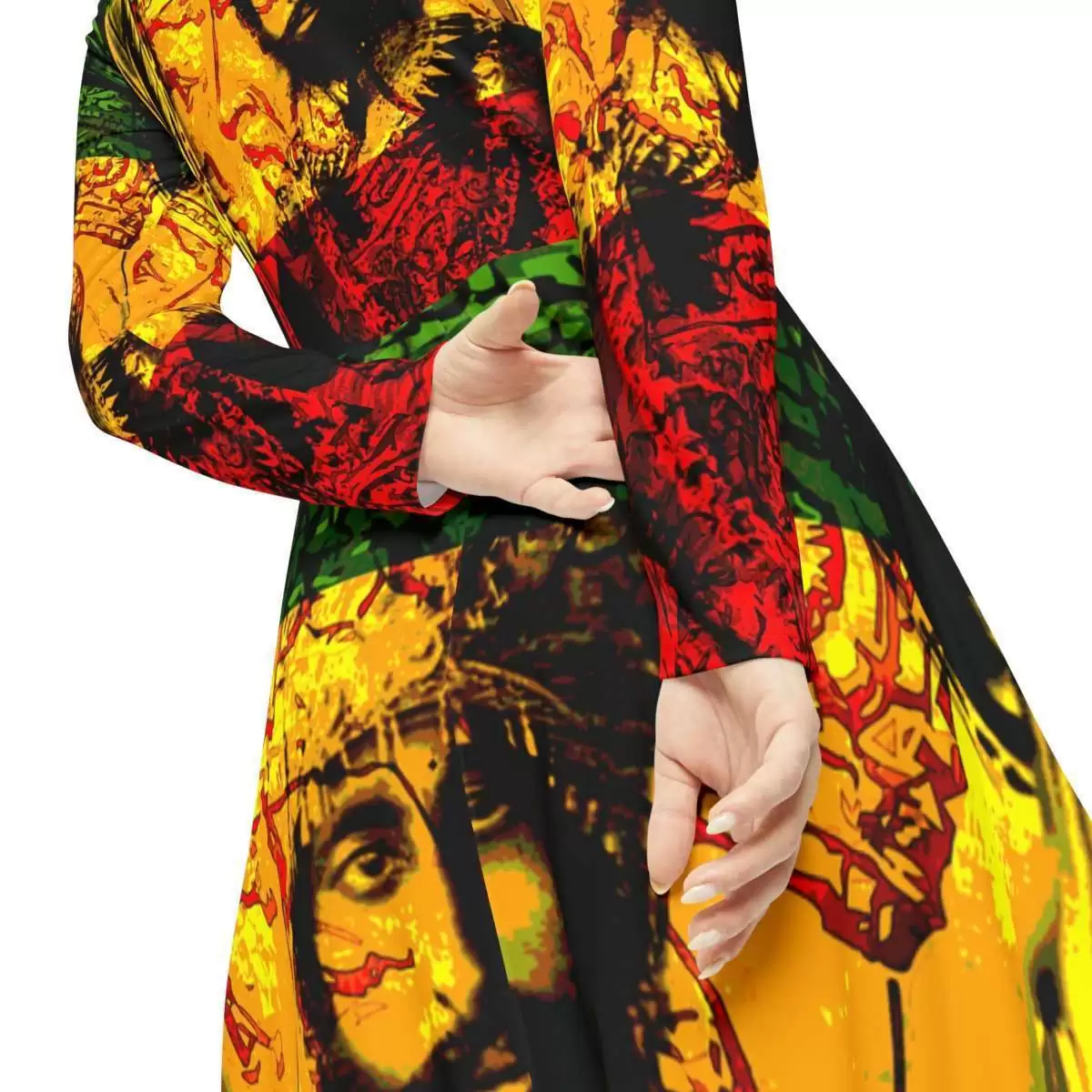 Natural Mystic Selassie Dress red gold and green dress with His Imperial Majesty Haile Selassie King of Kings Lord of Lords model back close up view