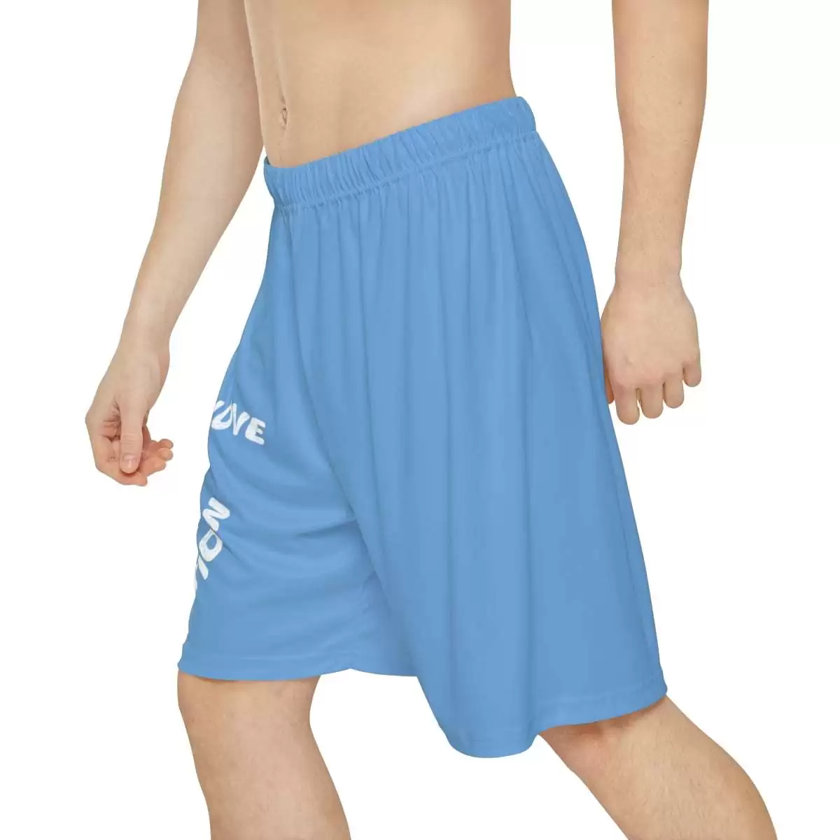 One Love Guidance Protection Reggae Boardshorts in pale blue side left model view with white palm trees and sunrise design with one love message.
