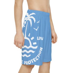 One Love Guidance Protection Reggae Boardshorts in pale blue side right model view with white palm trees and sunrise design with one love message.