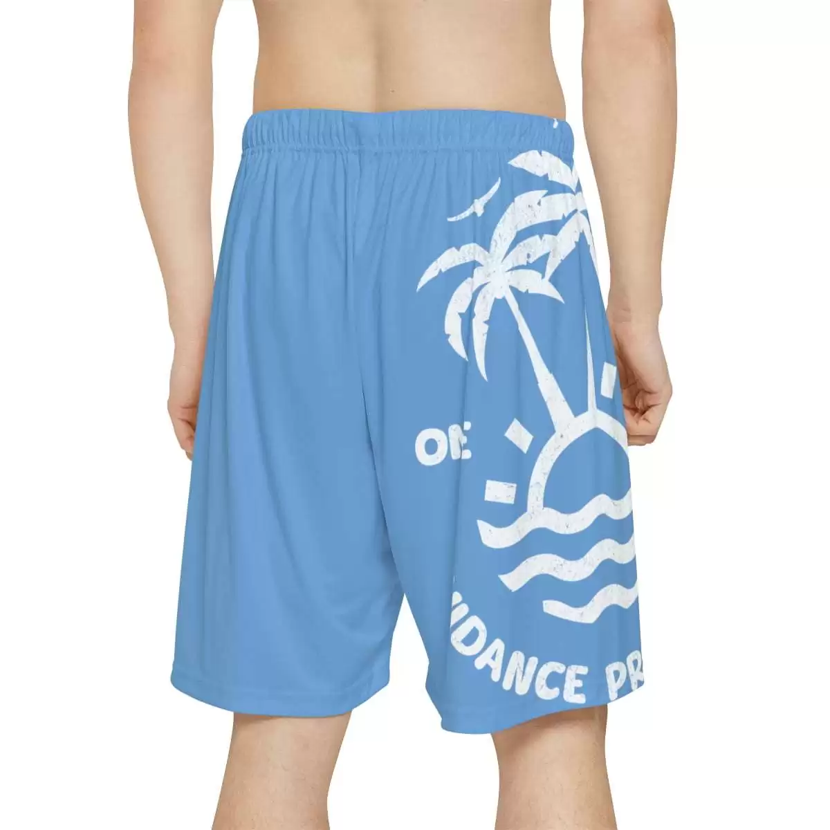 One Love Guidance Protection Reggae Boardshorts in pale blue back model view with white palm trees and sunrise design with one love message.
