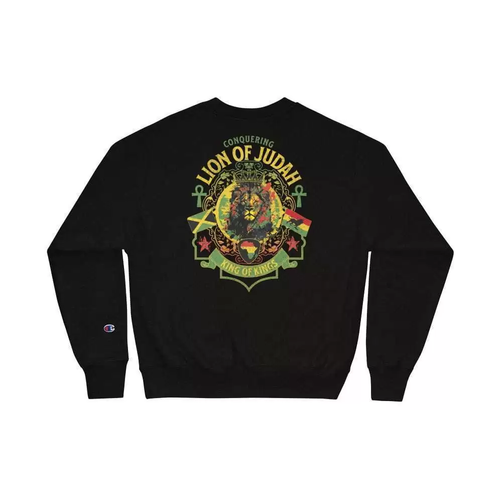 Rastafarian Lion Champion Sweatshirt back design. This is a quality garment in black with pocket design on front and large design on back.