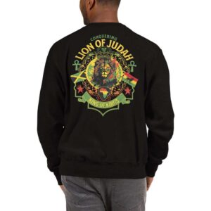 Rastafarian Lion Champion Sweatshirt large back model design. This is a quality garment in black with pocket design on front and large design on back.