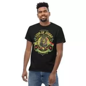 Rasta Tee shirts model front in Black with Rasta color grungy design. Conquering Lion of Judah King of Kings, ankh, africa and Jamaican Rasta flags.