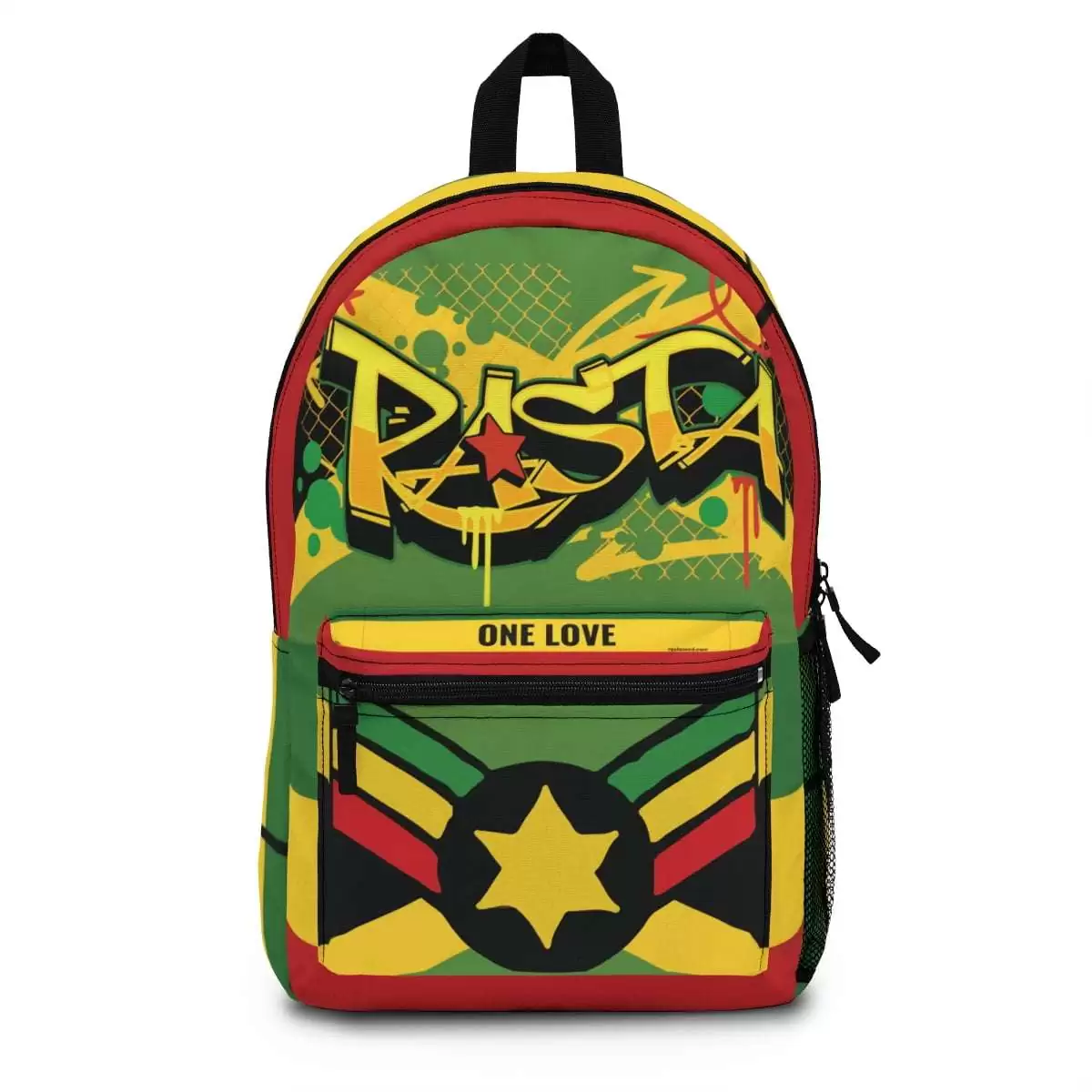 Rastafarian backpack with vivid Rasta colors and graphics. Star of David, red, gold and green and graffiti design. Blaze the colors.