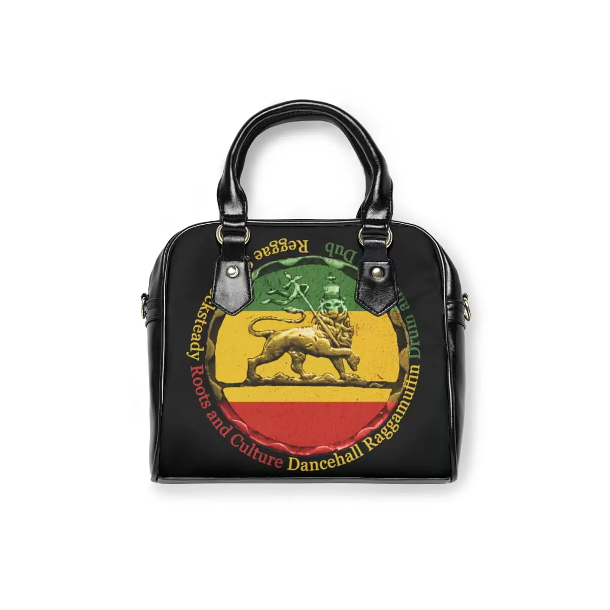 Reggae purse back view with shoulder strap made from PU leather. Black with the Reggae colors and Lion of Judah Design stamp featuring Reggae genres.