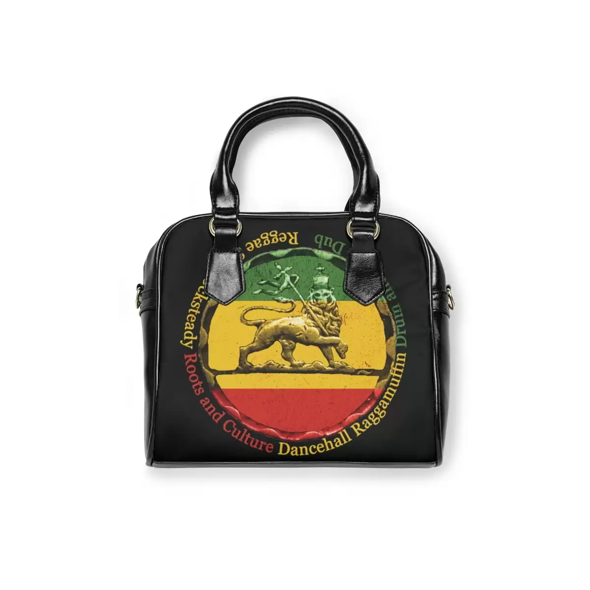 Reggae purse front view with shoulder strap made from PU leather. Black with the Reggae colors and Lion of Judah Design stamp featuring Reggae genres.