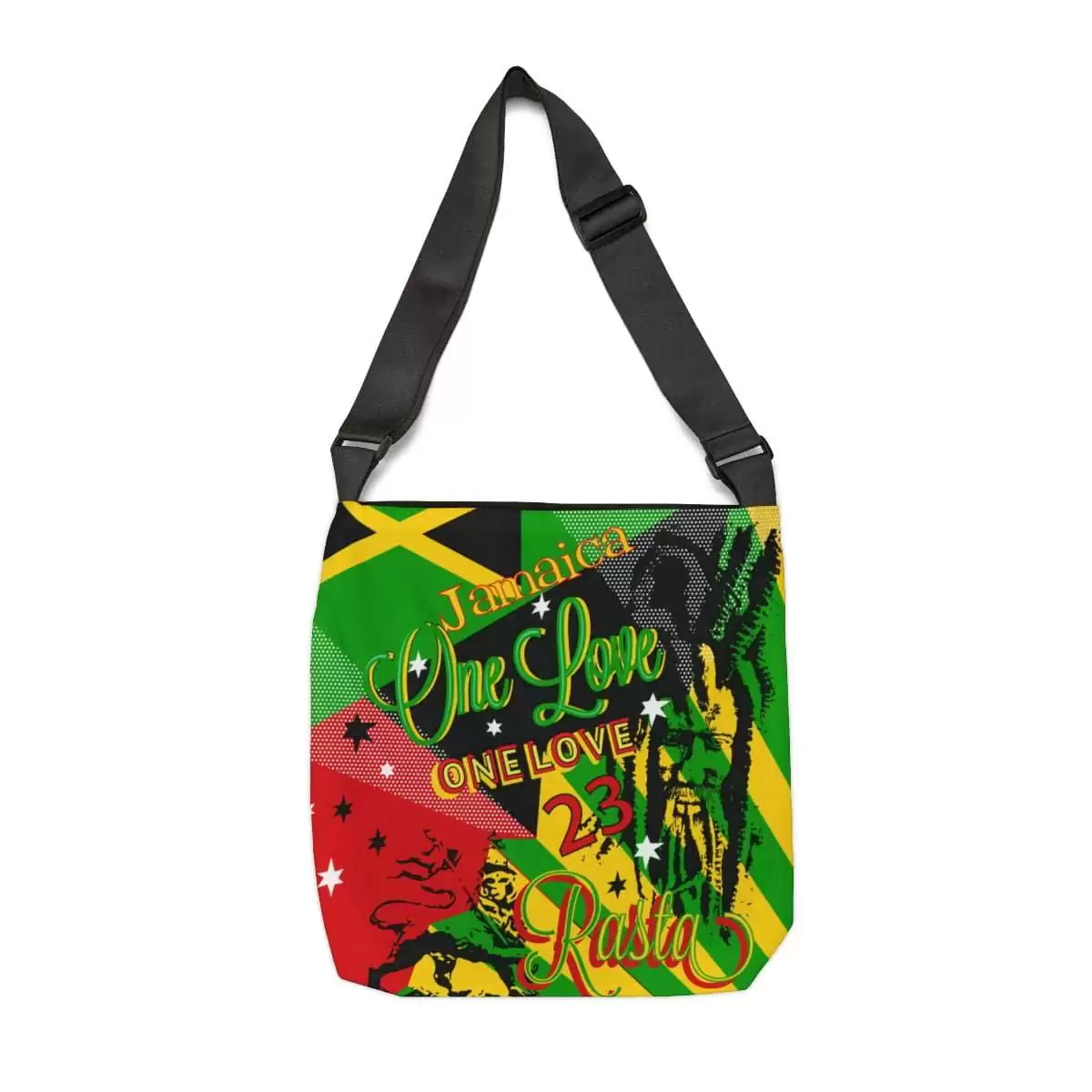 Shoulder bag reggae back view at Rastaseed.com. Rastafarian, Jamaican and Reggae symbology, colors and artwork in original design at our Rasta store.