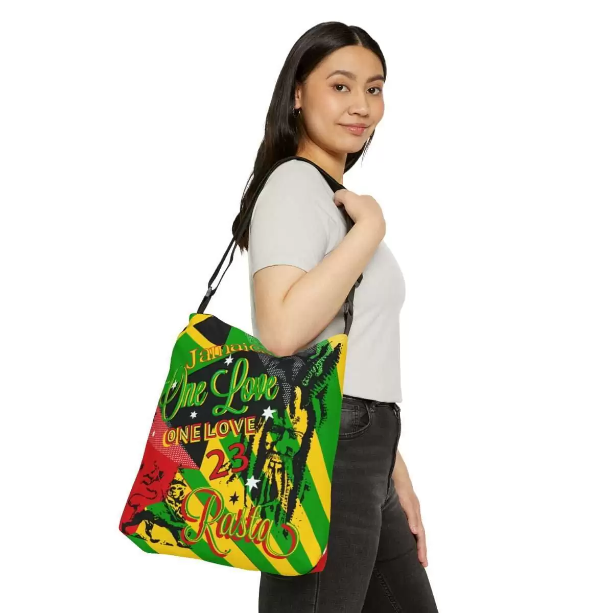 Shoulder bag reggae model front view at Rastaseed.com. Rastafarian, Jamaican and Reggae symbology, colors and artwork in original design at our Rasta store.