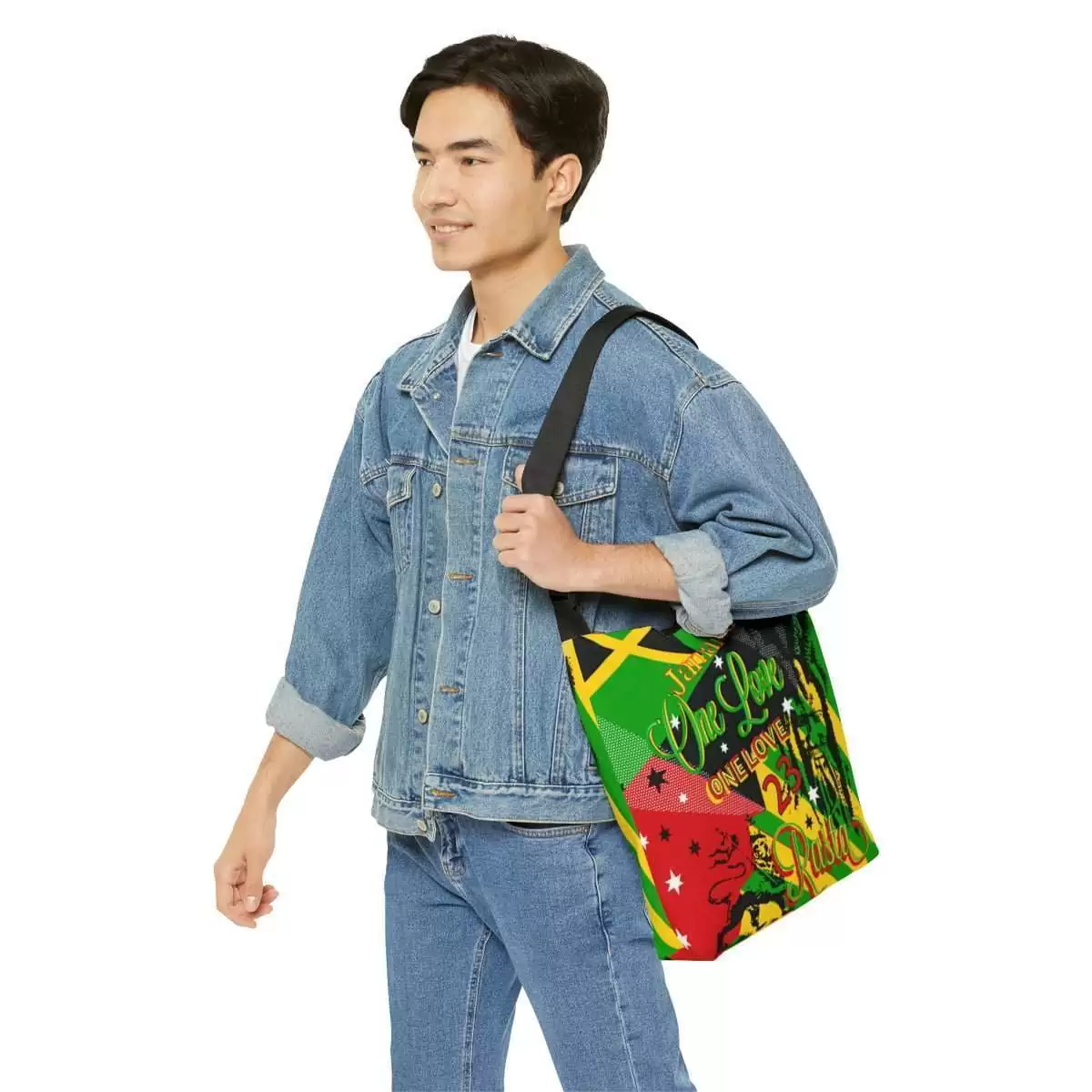 Shoulder bag reggae male model view at Rastaseed.com. Rastafarian, Jamaican and Reggae symbology, colors and artwork in original design at our Rasta store.