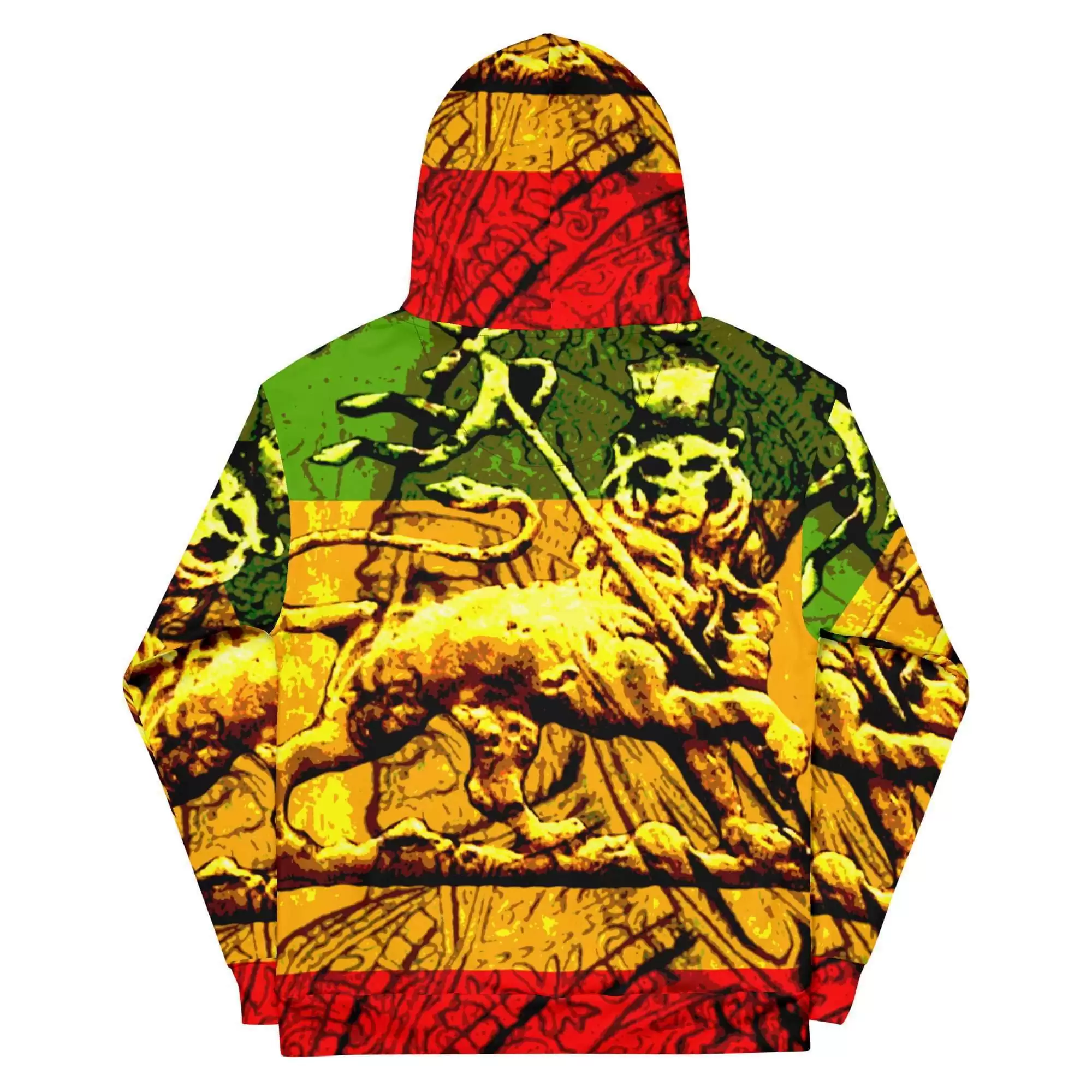 Lion of Judah Rasta Hoodie back view in vivid colors and irie graphics. Made from soft cotton feel fabric with fleece lining, double hoodie and front pocket.