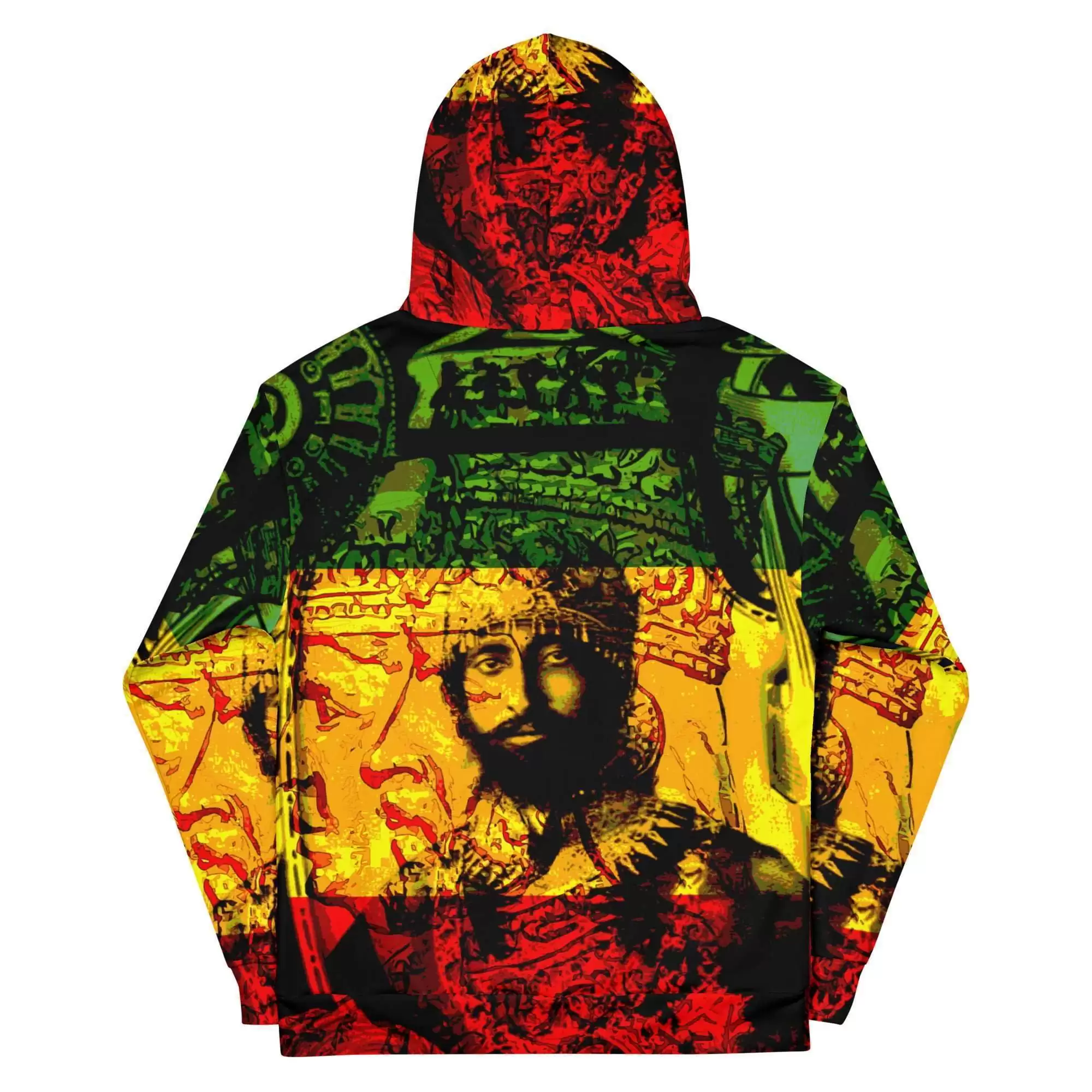 Haile Selassie Natural Mystic Hoodie back view in sizes 2XS to 6XL. Soft fabric in vivid red gold and green design. Original design from Rastaseed.com