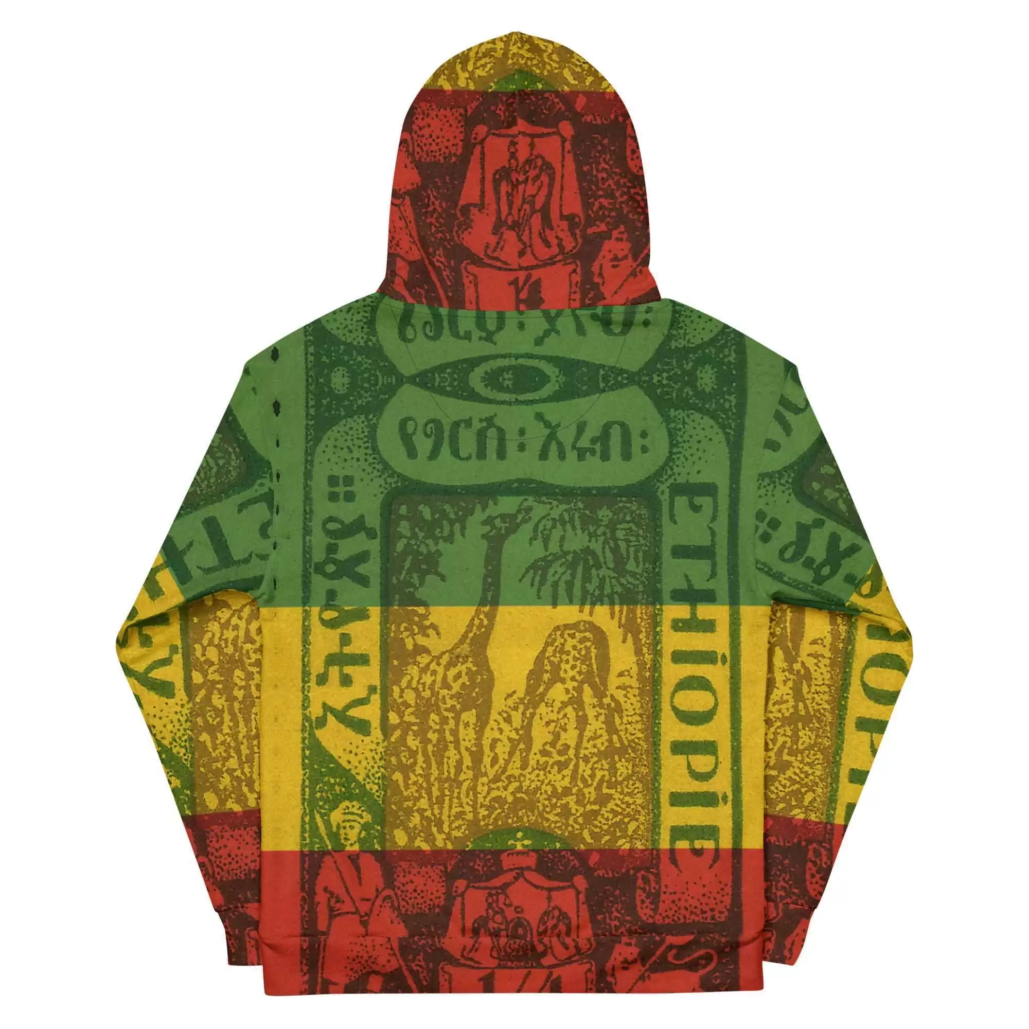 Haile Selassie African Rasta Hoodie back view in cosy cotton feel fabric with fleece lining, double hoodie and front pocket. Haile Selassie clothing at Rastaseed.com