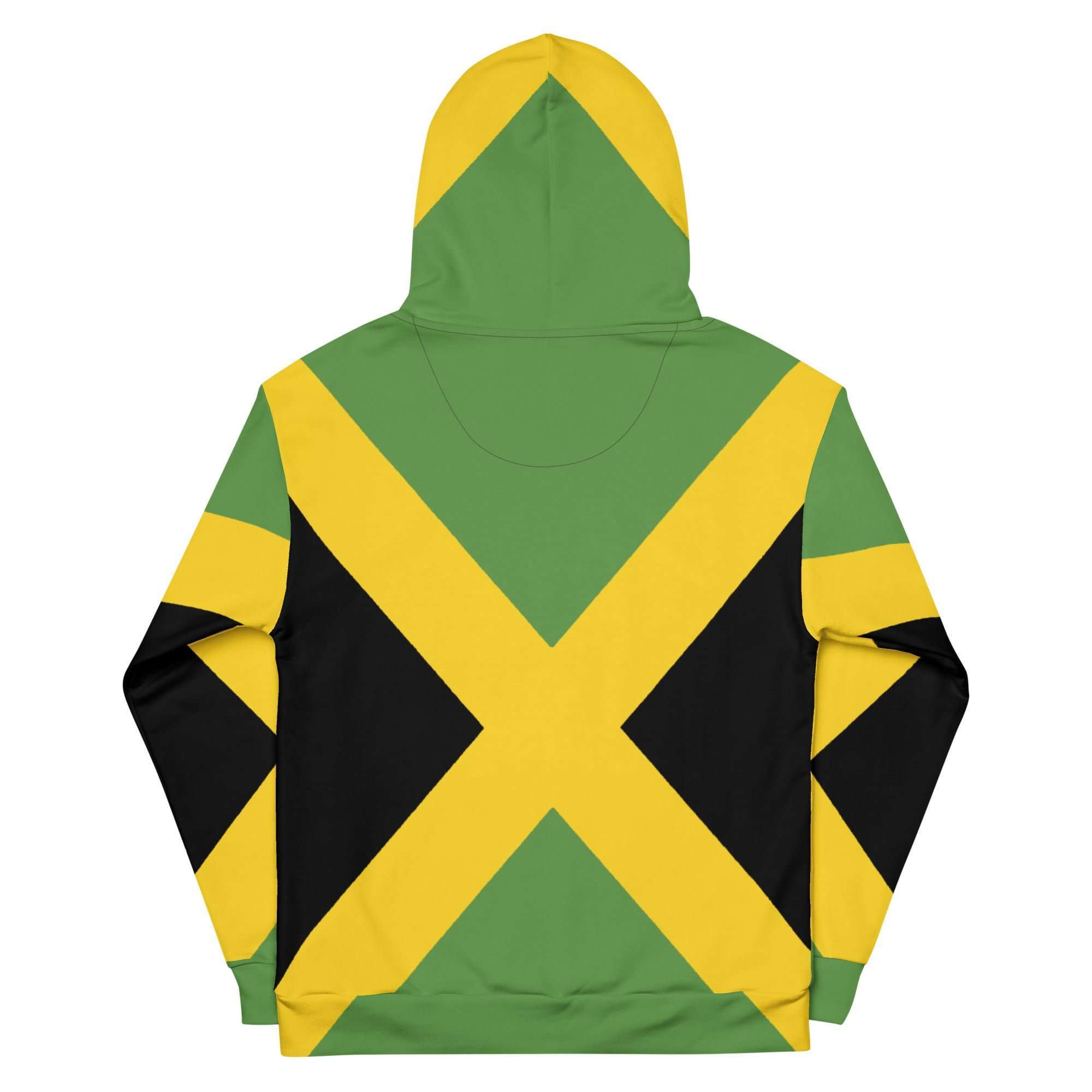 Jamaican Flags Hoodie back view in warm cosy fabric with fleece lining, double hoodie and front pocket. Rastaseed Jamaican merchandise and clothing.