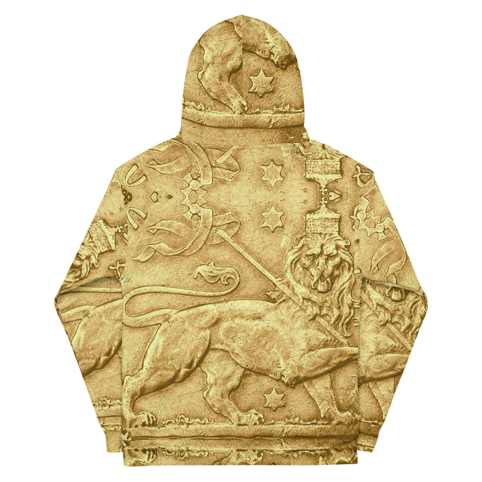Rasta Lion Ancient Amharic Hoodie back view in pullover style. Muted stone color with ancient original print. Rastaseed original Reggae clothing shop.