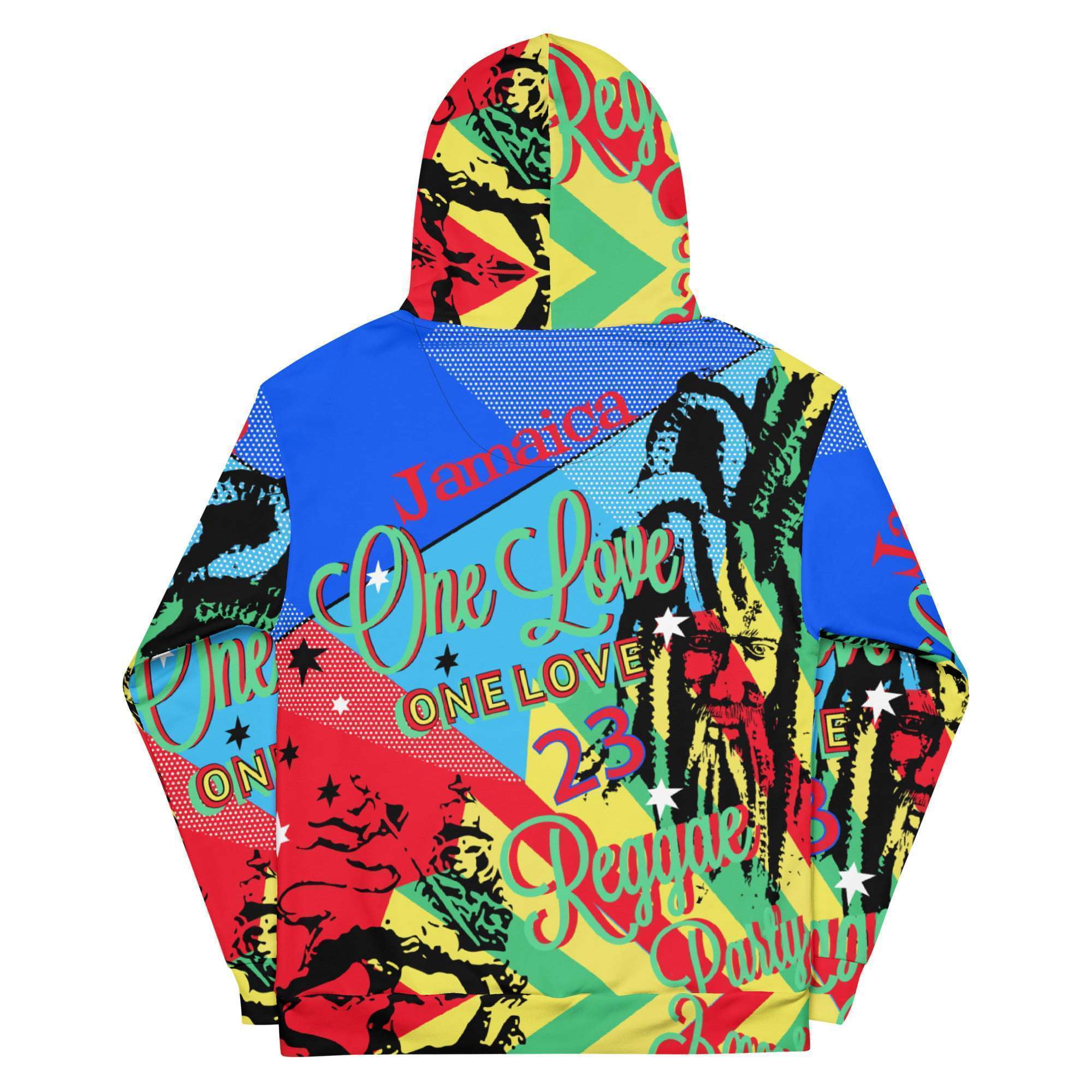 One Love Jamaican Reggae Party Hoodie back view in cosy cotton feel fabric with fleece lining, double hoodie and front pocket. Reggae party clothing at Rastaseed.com