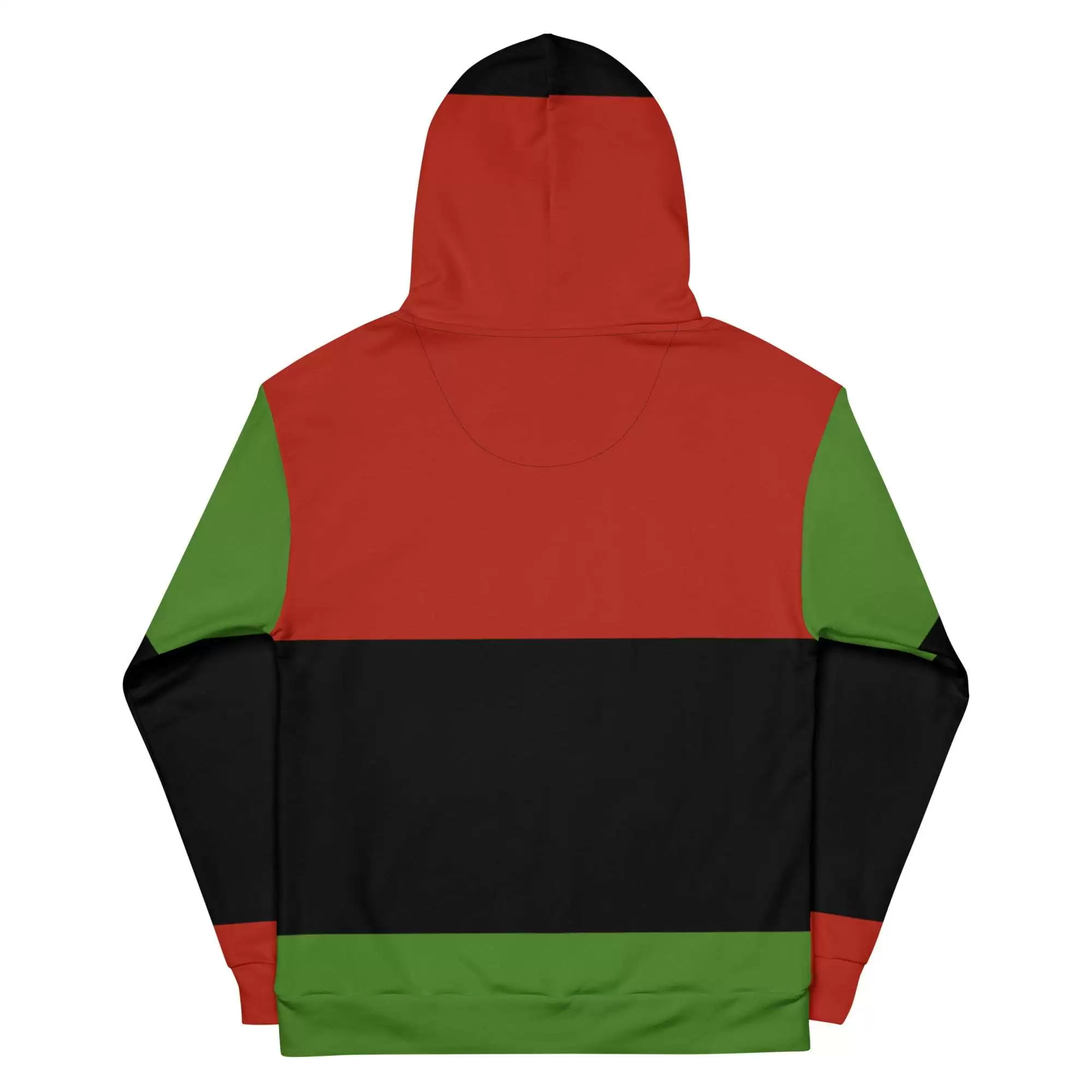 Rasta Pan African Lion Hoodie back view in cosy cotton feel fabric with fleece lining, double hoodie and front pocket. Original Rasta merchandise at rastaseed.com