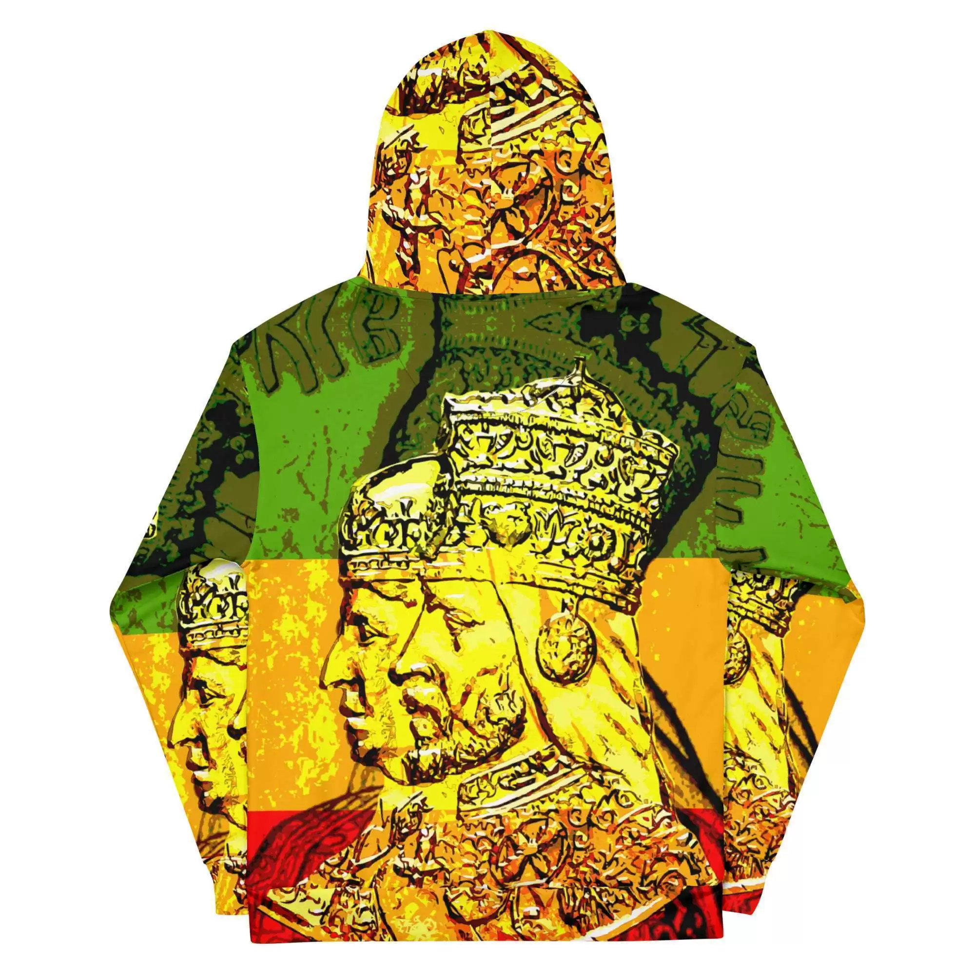 Haile Selassie Empress Menen Hoodie back view in cosy cotton feel fabric with soft fleece lining, double hoodie and front pocket. Rasta clothing and gear.