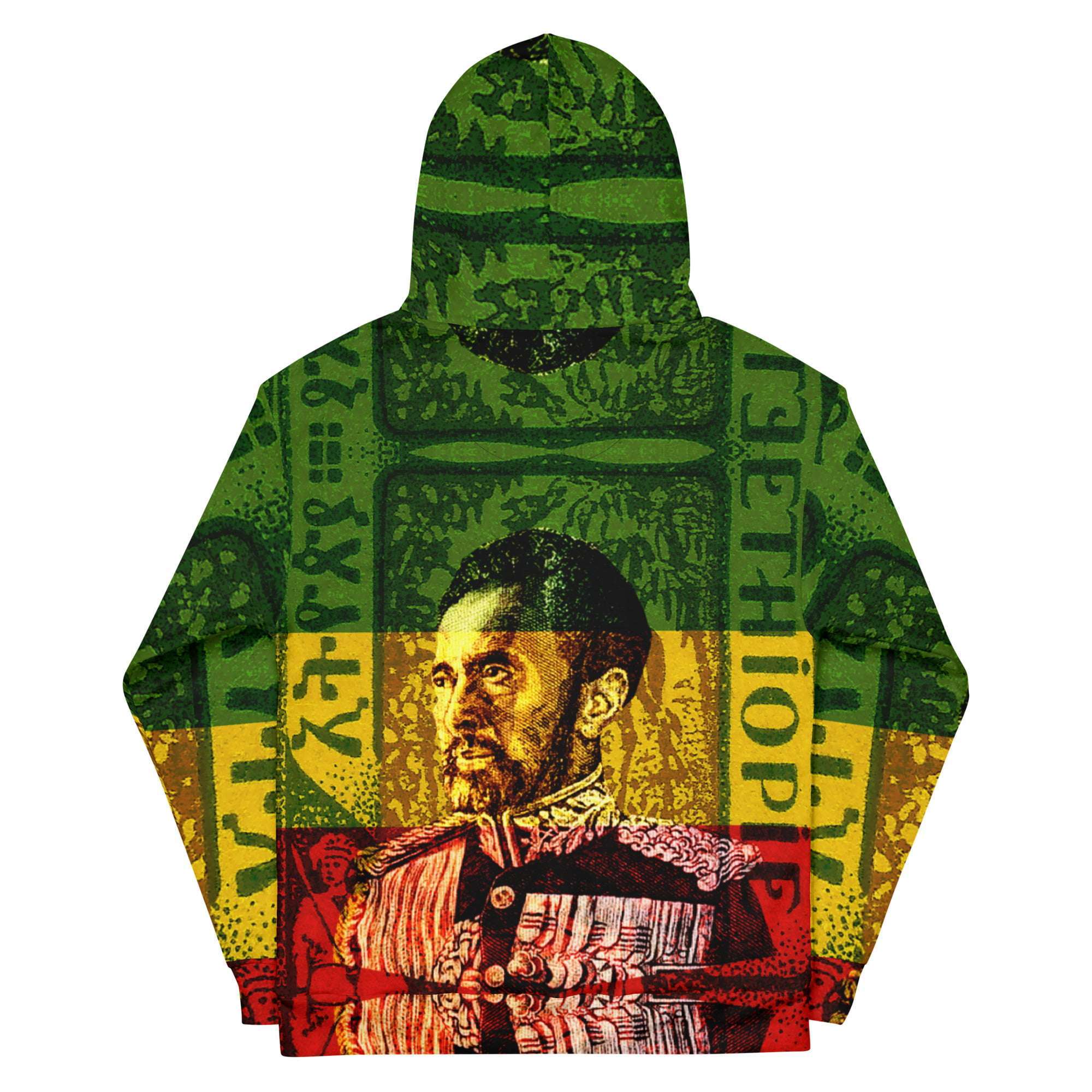 Selassie I Hoodie back view in Rasta colors and a soft cotton feel fabric with fleecy lining, double hoodie and front pocket. Rasta and Jamaican merchandise.