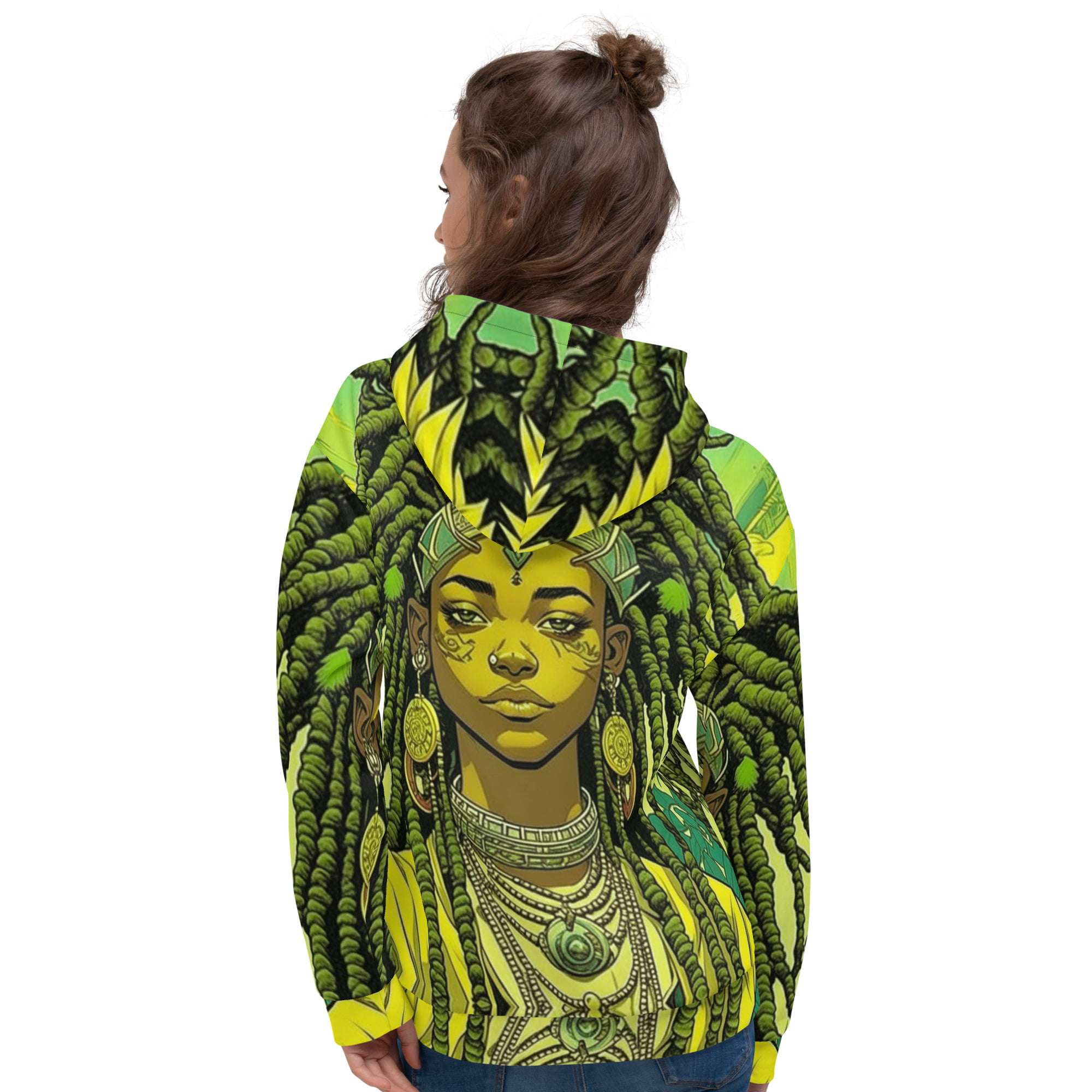 Empress Rasta Hoodie model back view, dreadlocks and water lillies. Green queen goddess in original design from rastaseed.com Rastafarian clothing.