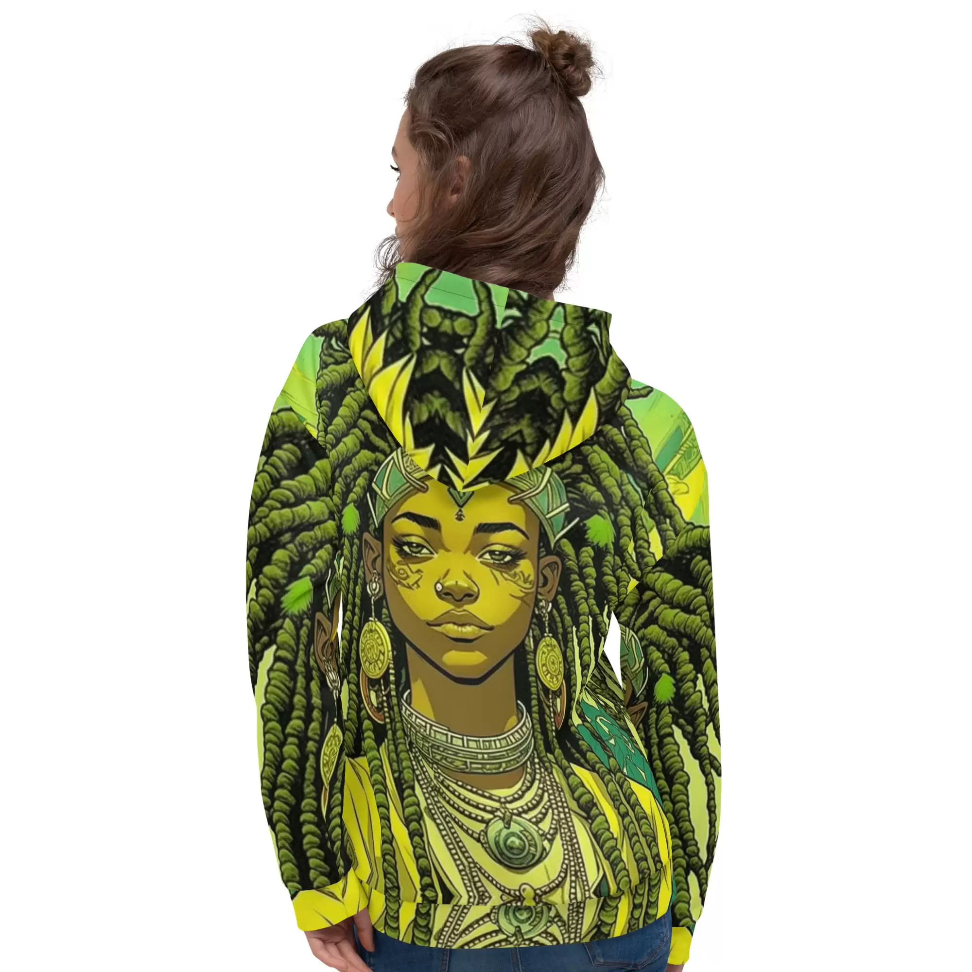 Empress Rasta Hoodie model back view, dreadlocks and water lillies. Green queen goddess in original design from rastaseed.com Rastafarian clothing.