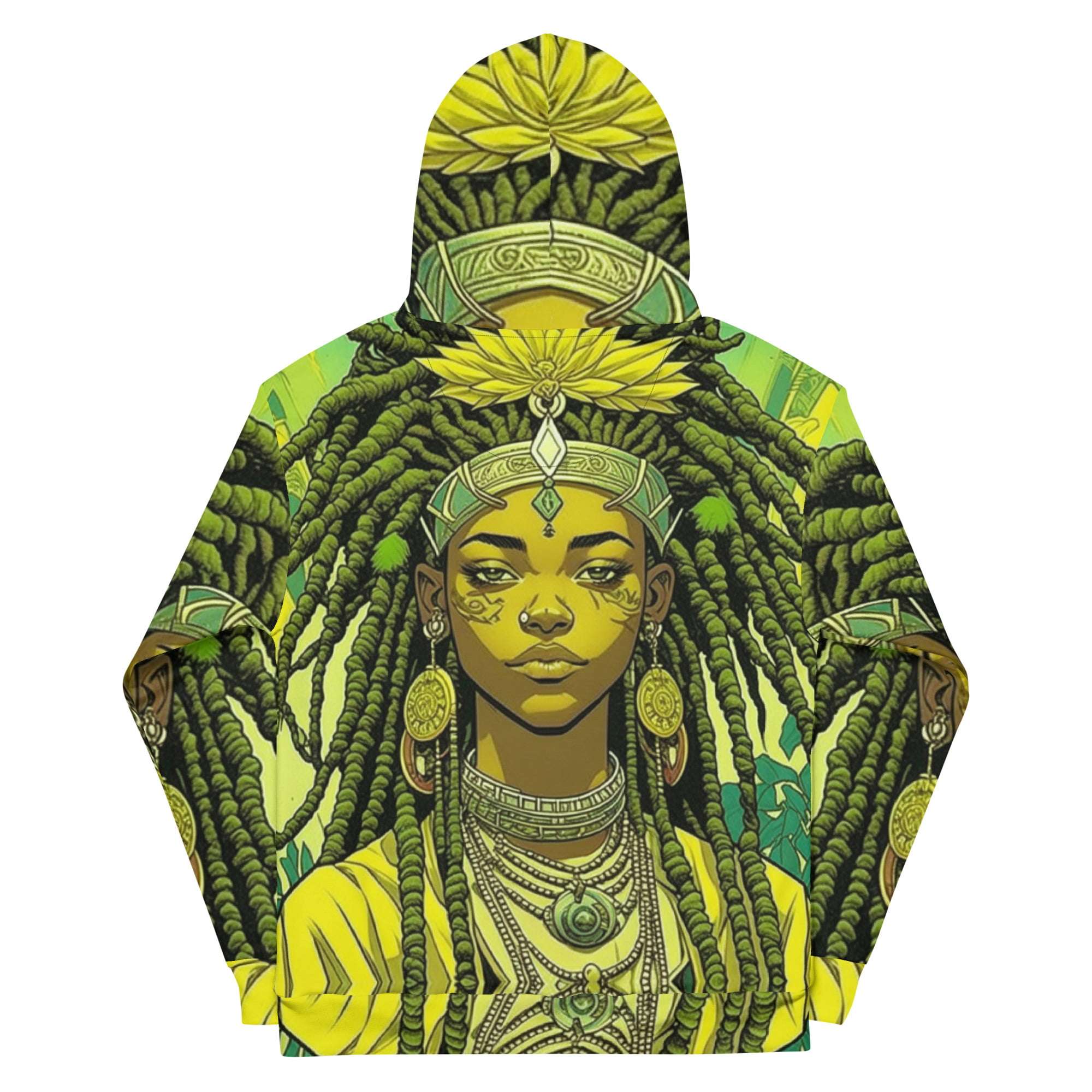 Empress Rasta Hoodie back view, dreadlocks and water lillies. Green queen goddess in original design from rastaseed.com Rastafarian clothing.