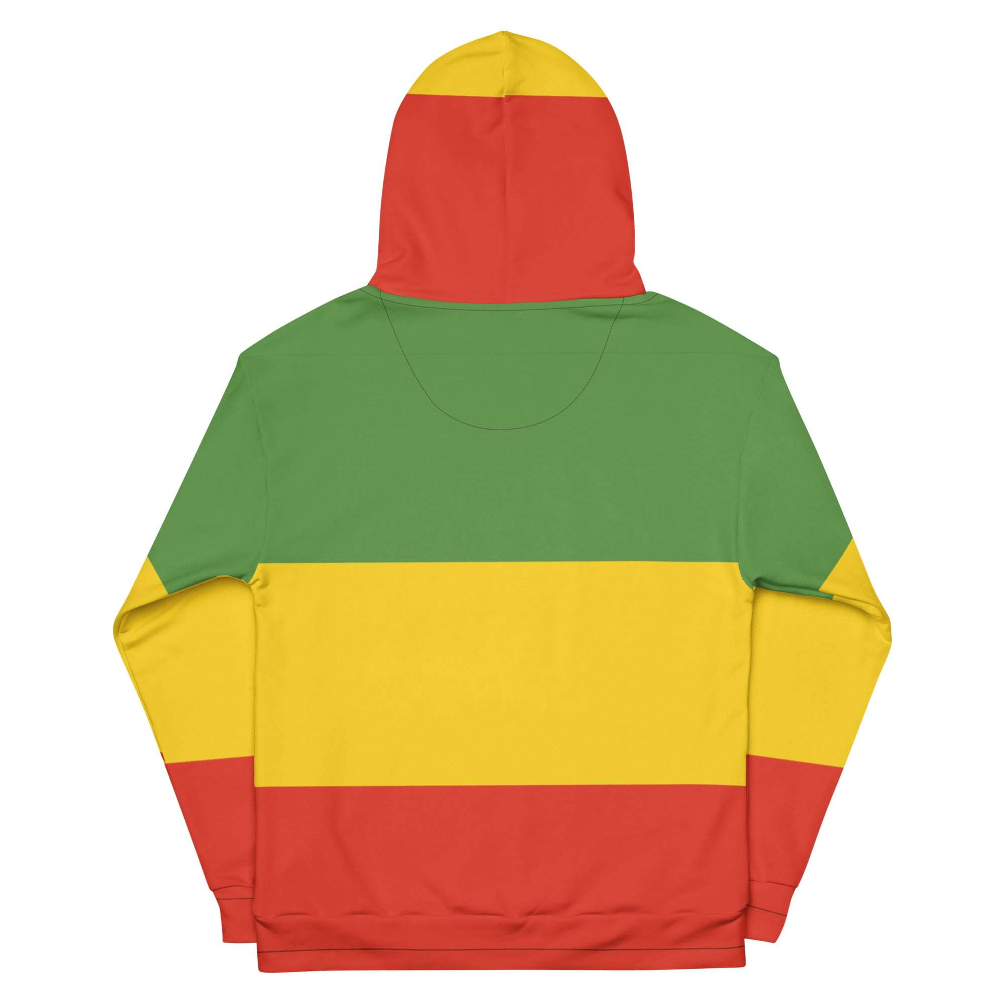 King Lion of Judah Rastafarian Hoodie back view made from soft cotton feel fabric with fleece lining, double hoodie and front pocket. Original Rasta hoodies.