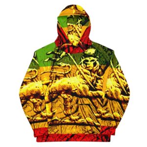 Lion of Judah Rasta Hoodie front view in vivid colors and irie graphics. Made from soft cotton feel fabric with fleece lining, double hoodie and front pocket.