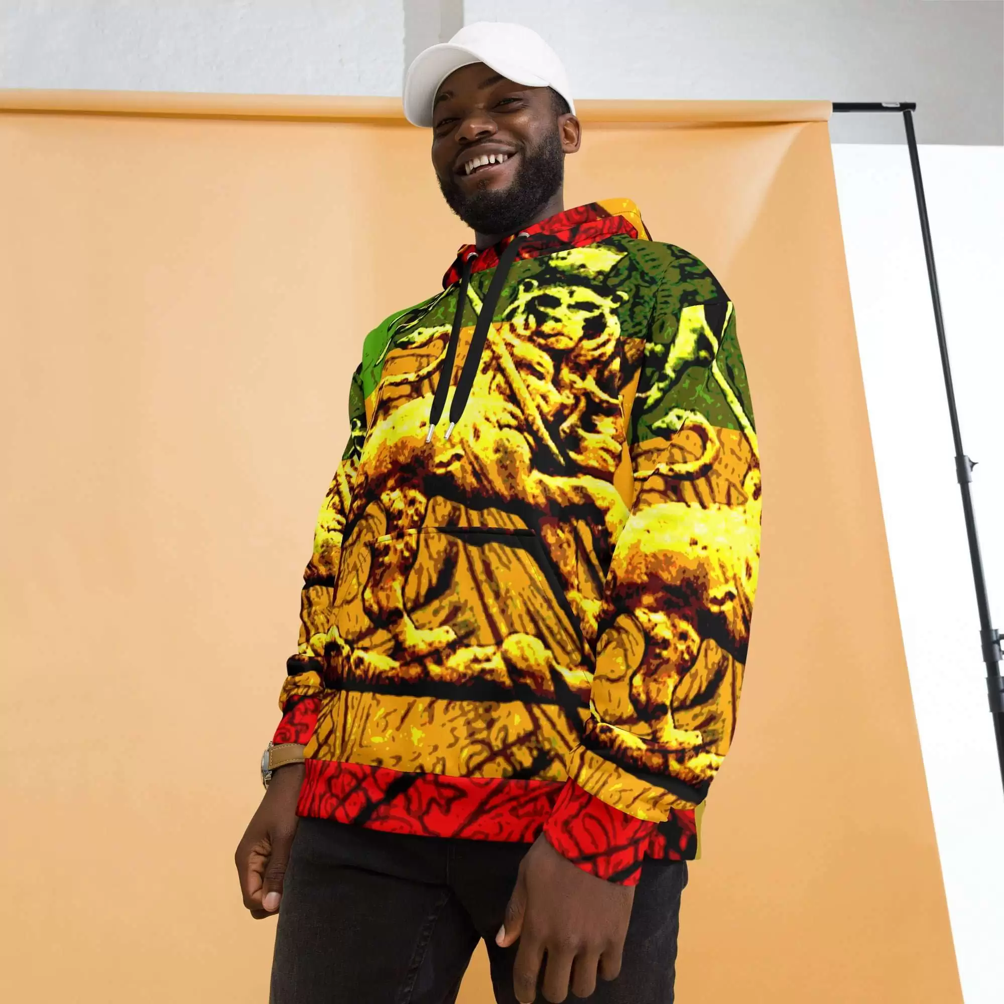 Lion of Judah Rasta Hoodie in vivid colors and irie graphics. Made from soft cotton feel fabric with fleece lining, double hoodie and front pocket.Front model view.