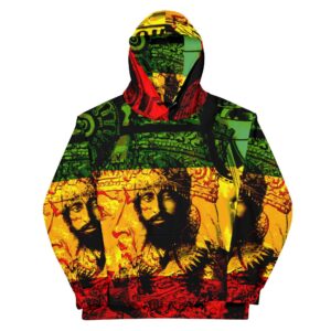 Haile Selassie Natural Mystic Hoodie front view in sizes 2XS to 6XL. Soft fabric in vivid red gold and green design. Original design from Rastaseed.com