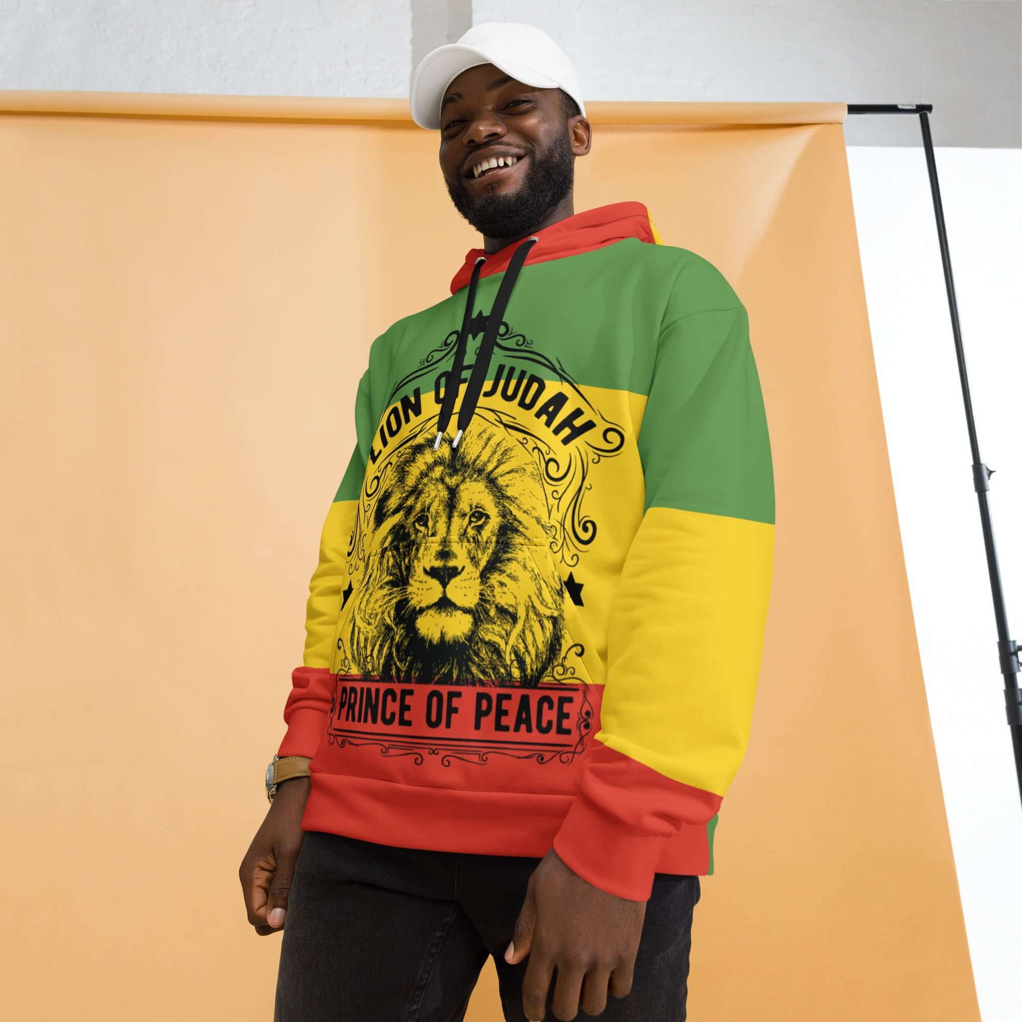 Prince of Peace Rasta Hoodie model view in a soft cotton-feel fabric with fleece lining. Double thickness hoodie and front pocket. Rastaseed clothing and Merchandise.